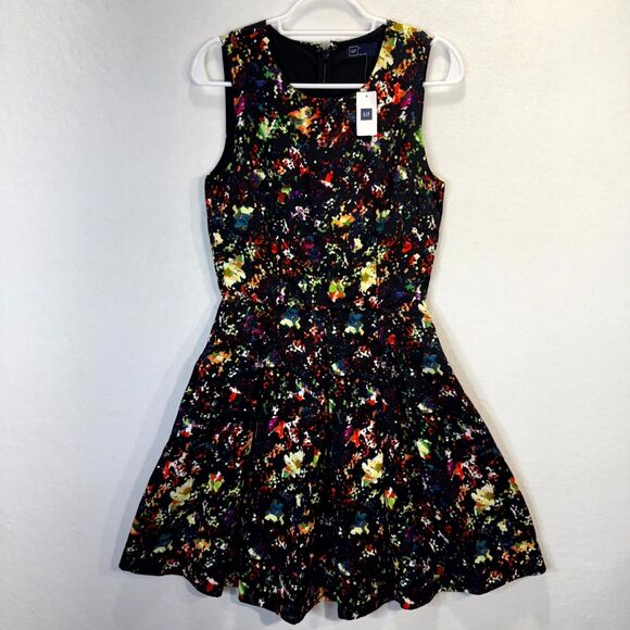 Gap Women's Confetti fit & flare Black Floral Printed Sundress Womens Size 0 NEW - Picture 2 of 10